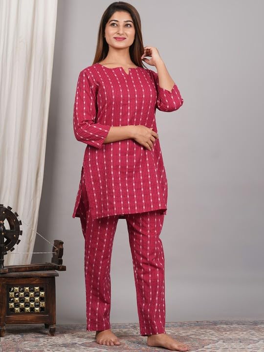 Printed Cotton Dress for Women – Night Suit with Round Neck